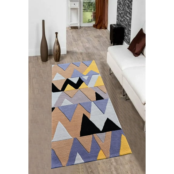 Wool Living and Bedroom Area Runner Rug, Triangular Pattern, Yellow & Black , Modern Area rugs, High and Low pile