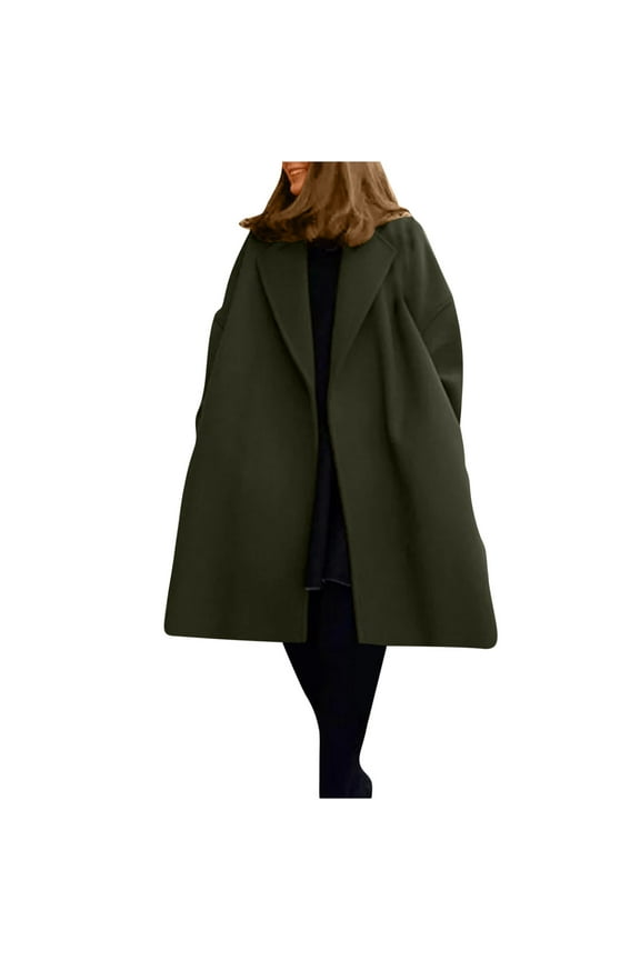 Wool Long Jacket Women Plus Size, Ladies Classy Midweight Open Front Cardigan Coat Notched Lapel Collar Overcoat (3X-Large, Green)