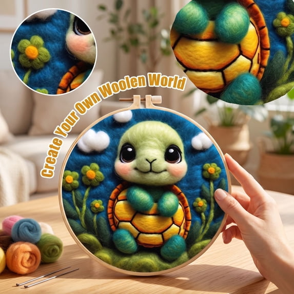 Wool Needle Felting Kit, Cute Tortoise Animal Wall Art with Embroidery ...