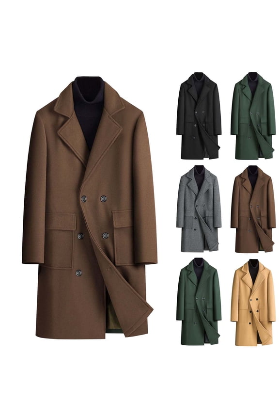 Wool Overcoat for Men Slim Fit Notched Collar Long Jacket Double Breasted Pea Coat wih Pockets