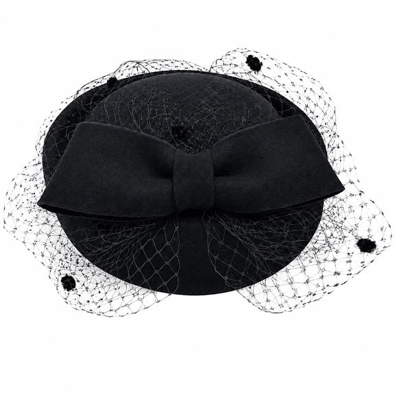 Wool Pillbox Hat for Women, Party Wedding Fascinator with Veil, Black