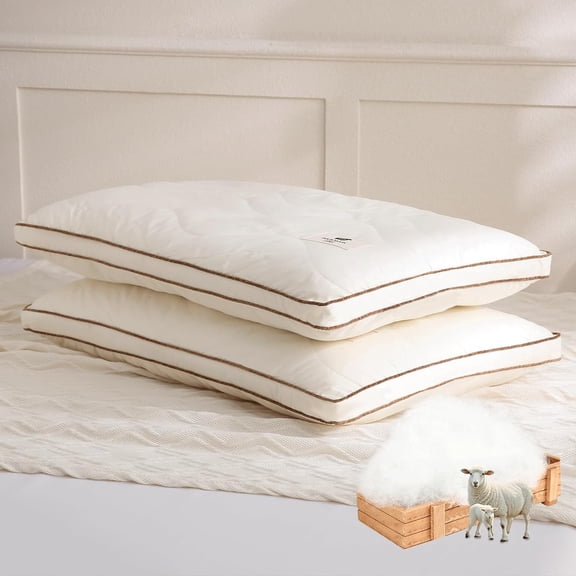 Wool Pillow Queen Size Set of 2 Flat Low-Loft for Back and Stomach Sleepers Breathable Cotton Cover Off White
