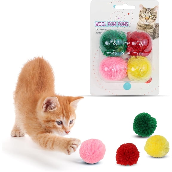 Wool Pom Poms Cat Toy - Interactive Wool Balls Cat Toy with Catnip for Cats and Kittens to Bite, Chase - 1.5 inch, 4 pcs