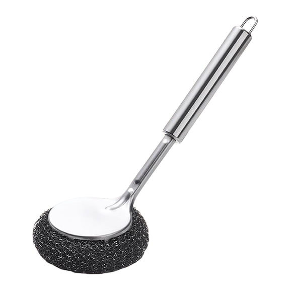 Wool Scrubber with Long Handle, Heavy Duty Scouring Pad for Pots Pans and Grills, Non-Scratch Cleaning Tool for Burnt Food, 10.2X3.5In (1Pcs) Silver