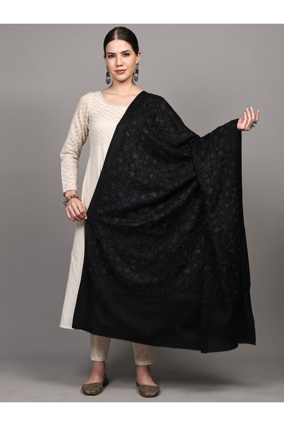 Wool Shawl from Amritsar with Chain Stitch Thread Embroidered Leaves Vine – Jet Black