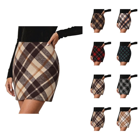Wool Skirts for Women Fall Winter High Waisted Plaid Bodycon Pencil Short Mini Skirt