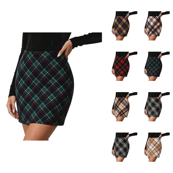 Wool Skirts for Women Fall Winter High Waisted Plaid Bodycon Pencil Short Mini Skirt