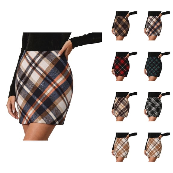 Wool Skirts for Women Fall Winter High Waisted Plaid Bodycon Pencil Short Mini Skirt