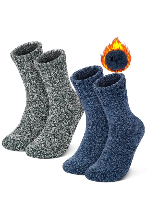 2 Pairs Wool Socks Mens, Thick Warm Winter Socks, Soft Hiking Casual Work Socks for Men