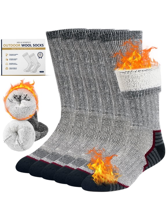 Freeyoka Merino Wool Socks for Men and Women, Thermal Crew Winter Socks with Cushioned Sole for Hiking, Work, 3 Pairs, Light Gray