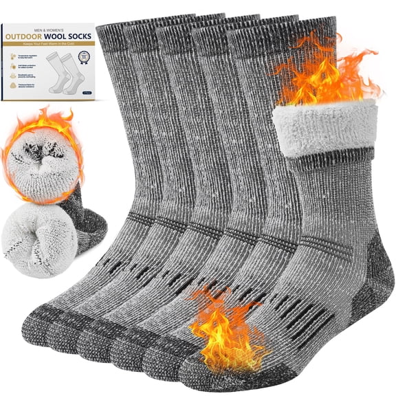 Freeyoka Merino Wool Socks for Men and Women, Thermal Crew Winter Socks with Cushioned Sole for Hiking, Work, 3 Pairs, Gray