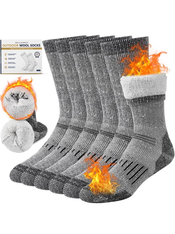 Freeyoka Merino Wool Socks for Men and Women, Thermal Crew Winter Socks with Cushioned Sole for Hiking, Work, 3 Pairs, Gray