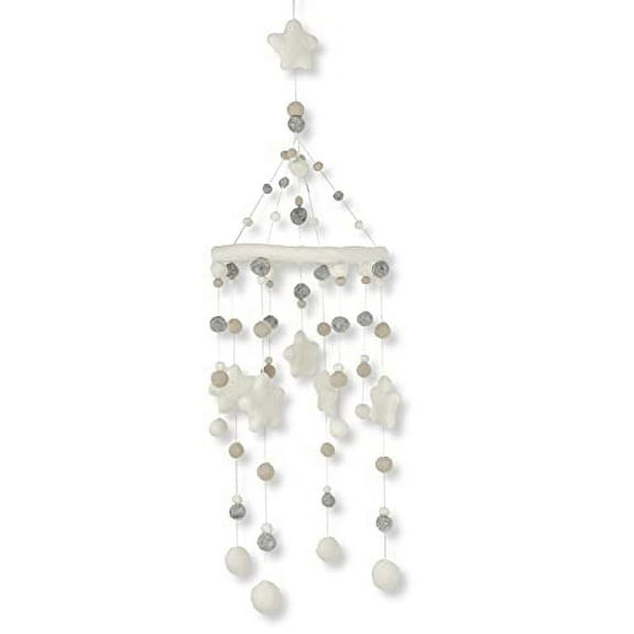 Wool Stars Nursery Mobile for Baby's Room Decoration, Unisex White Grey Taupe