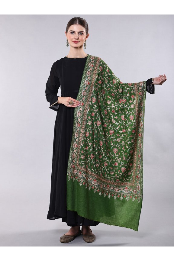 Wool Stole from Punjab with Chain Stitch Embroidered Phool Bail and Diamond Weave – Elm Green