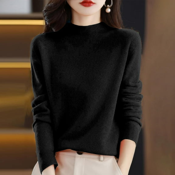 Wool Sweaters for Women 2024 New Merino Wool Long Sleeve Mock Neck Soft Warm Knit Jumpers Seamless Pullover Sweater Black XL