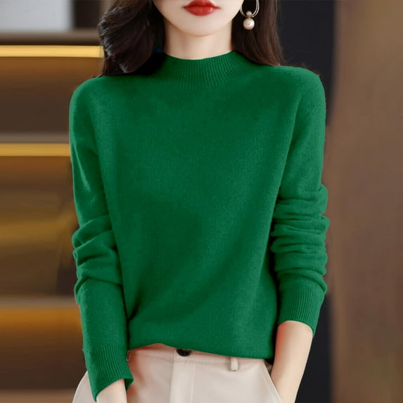 Wool Sweaters for Women 2024 New Merino Wool Long Sleeve Mock Neck Soft Warm Knit Jumpers Seamless Pullover Sweater Dark Green S