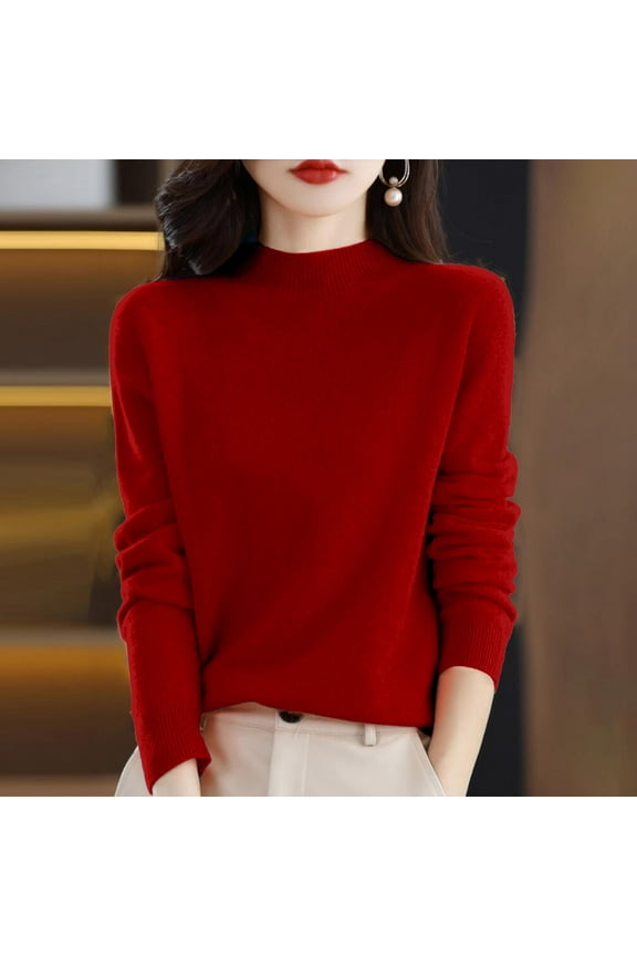 Wool Sweaters for Women 2024 New Merino Wool Long Sleeve Mock Neck Soft Warm Knit Jumpers Seamless Pullover Sweater Deep Red L