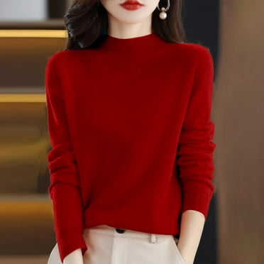 Wool Sweaters for Women 2024 New Merino Wool Long Sleeve Mock Neck Soft Warm Knit Jumpers Seamless Pullover Sweater Deep Red XL