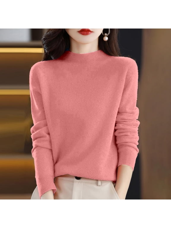 Wool Sweaters for Women 2024 New Merino Wool Long Sleeve Mock Neck Soft Warm Knit Jumpers Seamless Pullover Sweater Pink L