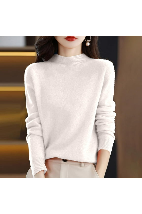 Merino Wool Sweaters for Women, 100% Merino Wool Pullover Long Sleeve Mock Neck Sweater Lightweight Knit Top White L