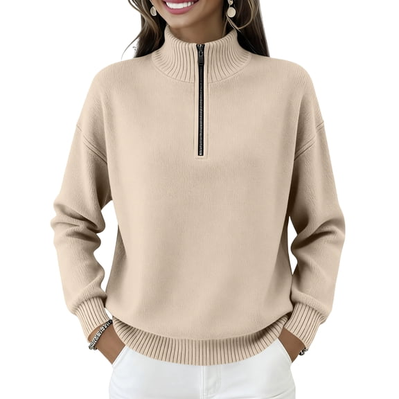 Wool Sweaters for Women Trendy Half Zip Pullover Tops Cozy Polo V Neck Wool Shirts Lightweight Fall Sweatshirts Beige S