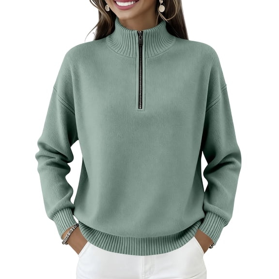 Wool Sweaters for Women Trendy Half Zip Pullover Tops Cozy Polo V Neck Wool Shirts Lightweight Fall Sweatshirts Light Green XL