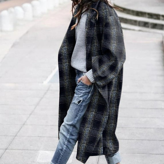 Wool Trench Coat For Women 2023,Womens Lapel Plaid Peacoat Winter Double-Breasted Outerwear Mid Long Jacket Casual Trench Coat