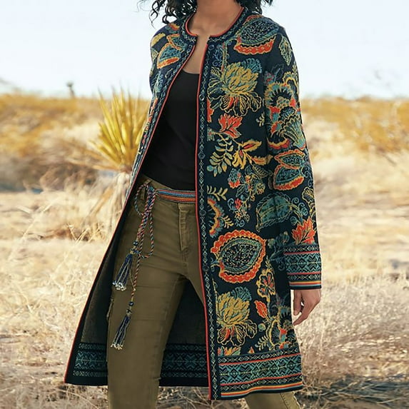 Wool Trench Coat Women,Vintage Print Womens Lapel Peacoat Winter Double-Breasted Outerwear Mid Long Jacket Casual Trench Coat