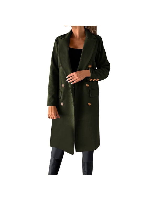 Wool Trench Coat for Women Trendy Winter Overcoat Double Breasted Notched Collar Pea Coat Warm Jackets (2XL, Dark Green)
