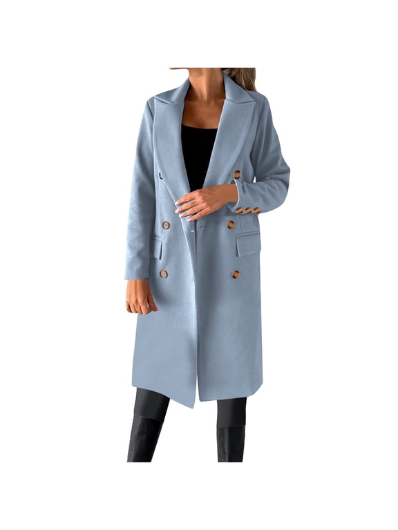 Wool Trench Coat for Women Trendy Winter Overcoat Double Breasted Notched Collar Pea Coat Warm Jackets (2XL, Light Blue)