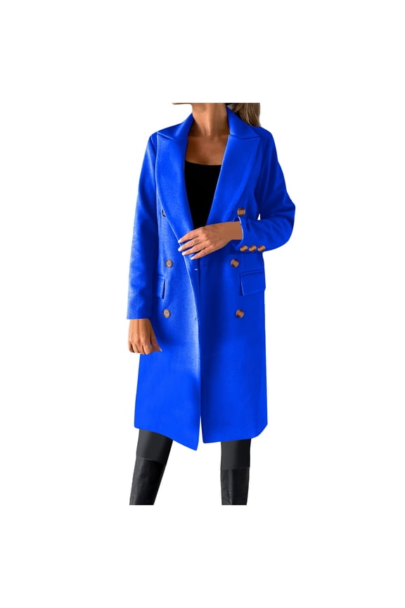 Wool Trench Coat for Women Trendy Winter Overcoat Double Breasted Notched Collar Pea Coat Warm Jackets (3XL, Blue)