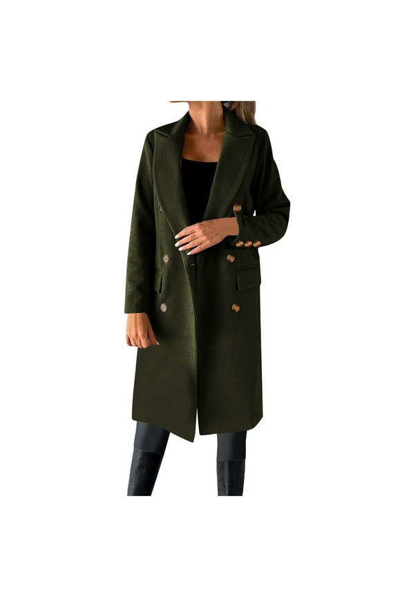 Wool Trench Coat for Women Trendy Winter Overcoat Double Breasted Notched Collar Pea Coat Warm Jackets (3XL, Dark Green)