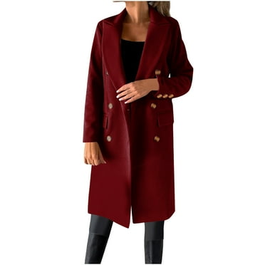 Wool Trench Coat for Women Trendy Winter Overcoat Double Breasted Notched Collar Pea Coat Warm Jackets (XL, Wine)