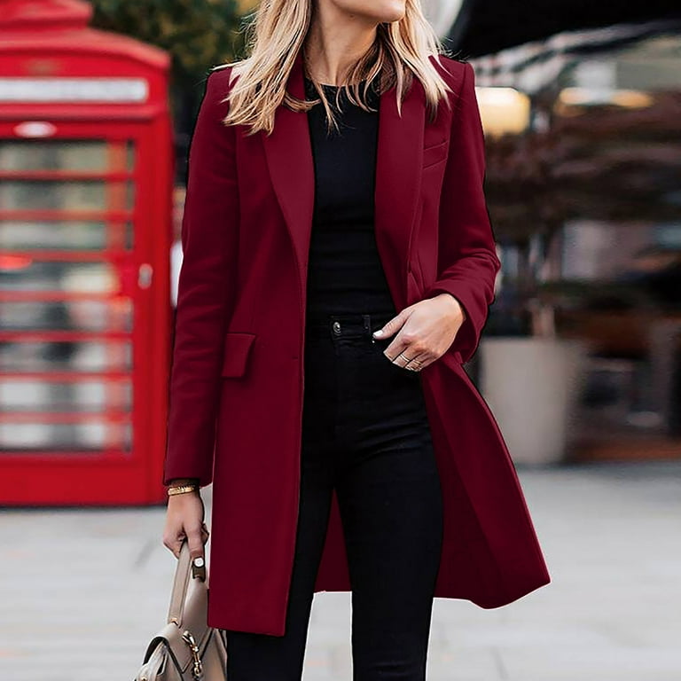 Wool Trench Coats for Women Winter Fall Fashion Notch Collar Pea Coats Solid Color Mid Length Plus Size Long Jackets Casual Walker Coat S 5XL Walmart