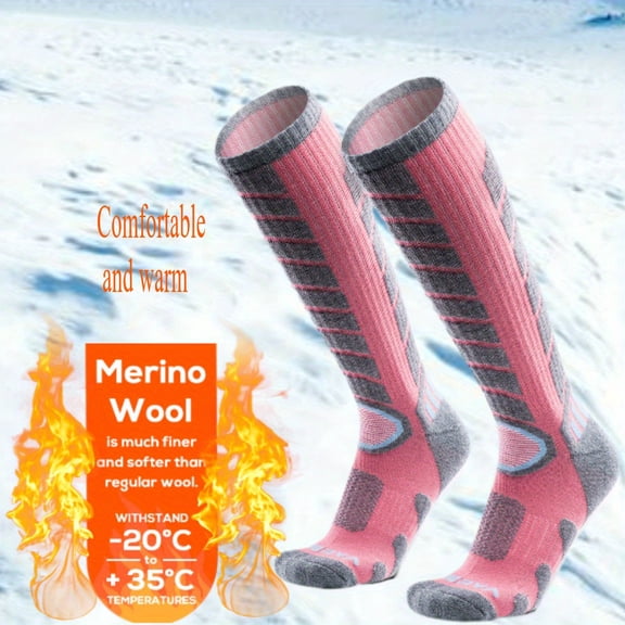 Wool ski socks - comfortable and warm, suitable for skiing, snowboarding and other winter sports, pink with black stripes, unisex, machine washable, winter sports gear | stylish winter socks, ski acc