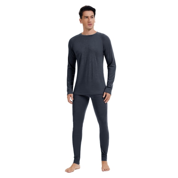 Woolcano Men's 100% Merino Wool Base Layer Set, Thermal Top and Bottoms for Skiing, Hiking, Winter Work and Cold Weather Activities