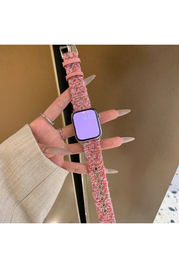 Woolen Band for Apple Watch Series 10 9 8 7 6 5 4 3 2 1 SE & Ultra 2 1 , Floral Print Leather Slim Band Adjustable Breathable Soft Strap for Women Girls iWatch 44/45/46/49mm/42mm(Series 1 2 3), Pink