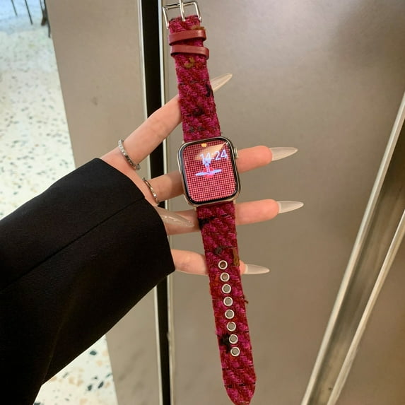 Woolen Band for Apple Watch Series 10 9 8 7 6 5 4 3 2 1 SE & Ultra 2 1 , Floral Print Leather Slim Band Adjustable Breathable Soft Strap for Women Girls iWatch 44/45/46/49mm/42mm(Series 1 2 3), Red