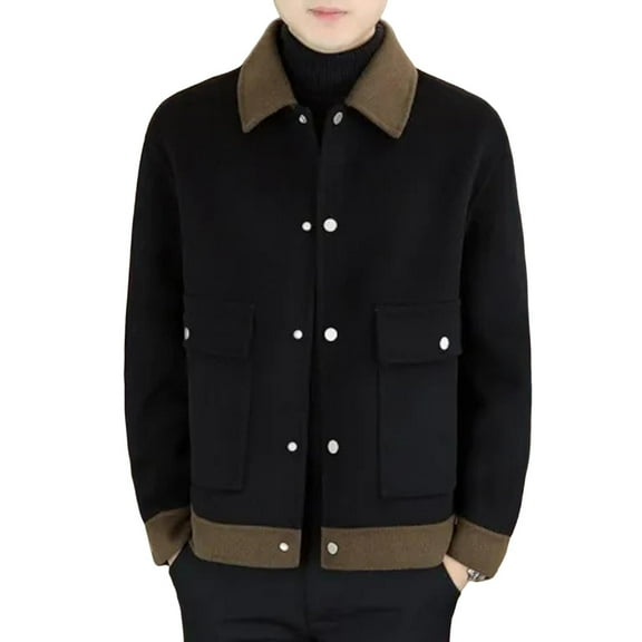 Woolen Coat with Pockets Woolen Coat with Lapel Single-breasted Design Color-blocked Style Jacket with Pockets Autumn Winter Men Outerwear Lapel