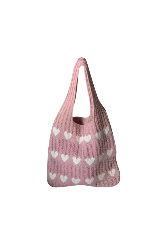 Woolen Crochet Tote Bag with Heart Pattern, 13.39 x 21.65 in Knit Shoulder Bag Soft Handmade Style Reusable Shopping Bag for Daily Use Travel Casual Carry (Pink)