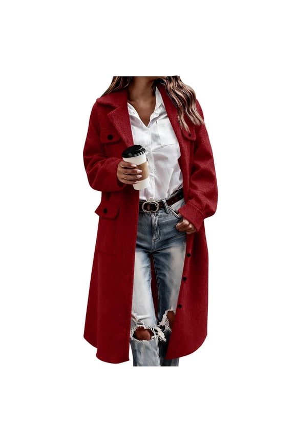 Woolen Long Trench Coat Women Single Breasted Notch Lapel Collar Winter Dress Coat with Pockets Loose Pea Overcoat (2XL, Red)