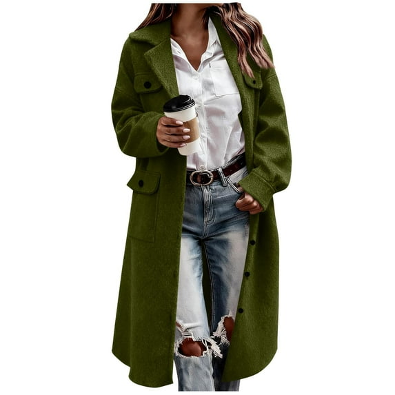 Woolen Long Trench Coat Women Single Breasted Notch Lapel Collar Winter Dress Coat with Pockets Loose Pea Overcoat (L, Army Green)