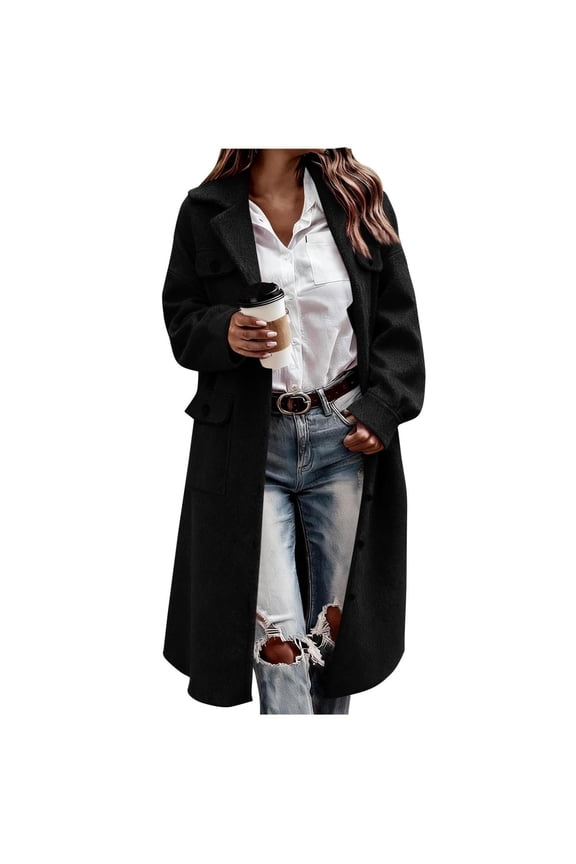 Woolen Long Trench Coat Women Single Breasted Notch Lapel Collar Winter Dress Coat with Pockets Loose Pea Overcoat (L, Black)