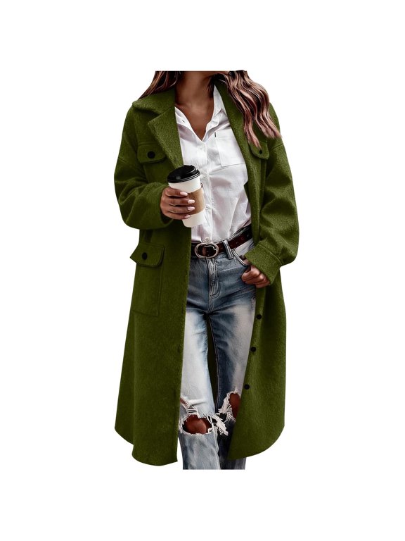 Woolen Long Trench Coat Women Single Breasted Notch Lapel Collar Fall Spring Coat with Pockets Loose Pea Overcoat (M, Army Green)