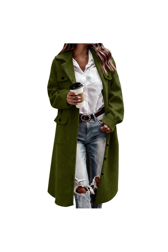 Woolen Long Trench Coat Women Single Breasted Notch Lapel Collar Winter Dress Coat with Pockets Loose Pea Overcoat (S, Army Green)
