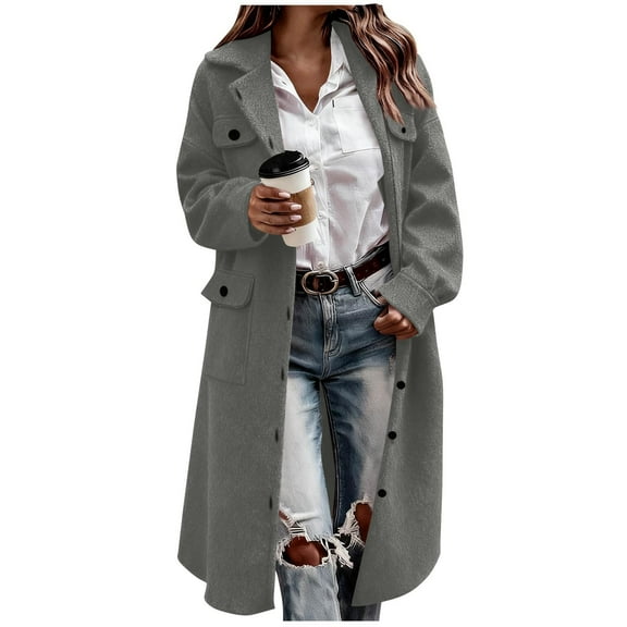 Woolen Long Trench Coat Women Single Breasted Notch Lapel Collar Winter Dress Coat with Pockets Loose Pea Overcoat (S, Gray)