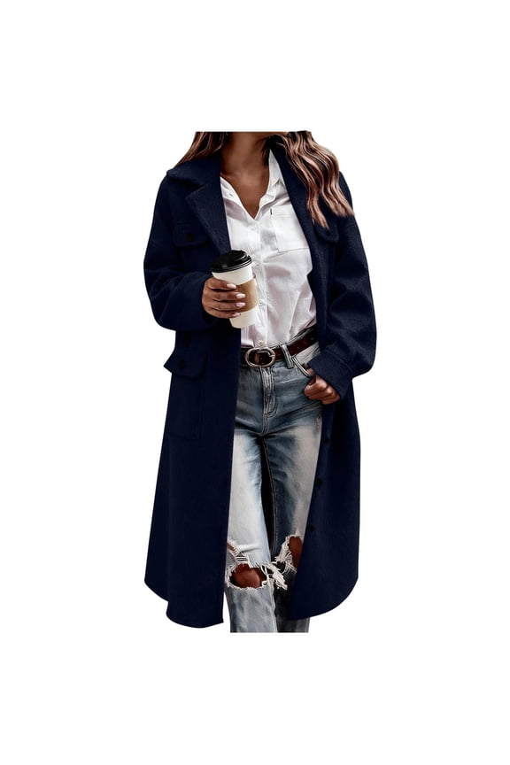 Woolen Long Trench Coat Women Single Breasted Notch Lapel Collar Winter Dress Coat with Pockets Loose Pea Overcoat (XL, Dark Blue)