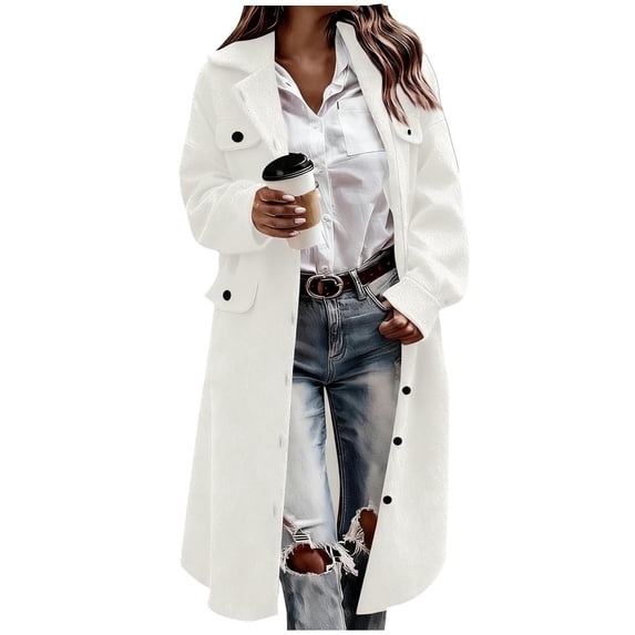 Woolen Long Trench Coat Women Single Breasted Notch Lapel Collar Fall Spring Coat with Pockets Loose Pea Overcoat (XL, White)