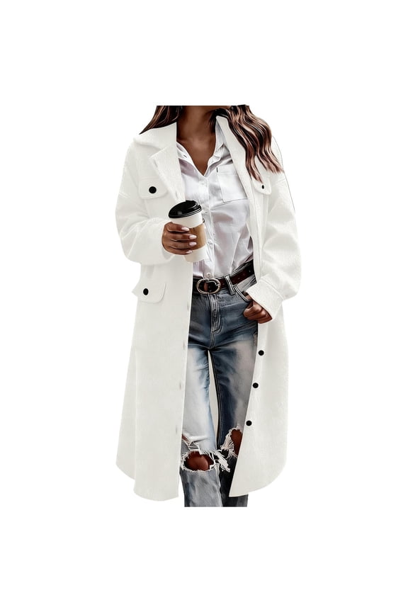 Woolen Long Trench Coat Women Single Breasted Notch Lapel Collar Winter Dress Coat with Pockets Loose Pea Overcoat (XL, White)