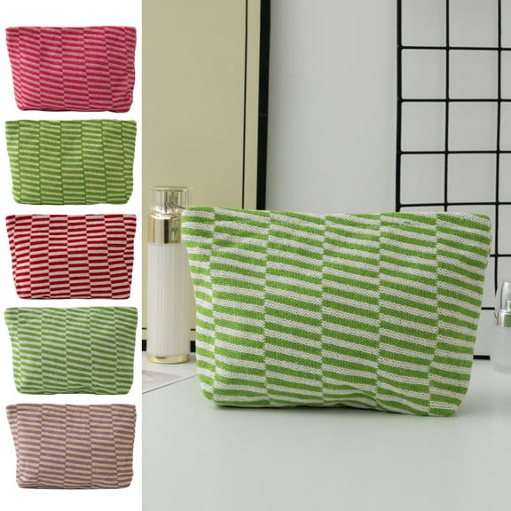 Woolen Look Knitted Makeup Bag | Striped Color Block Cosmetic Pouch | Soft Polyester Yarn | Green Red Pattern | Expandable Storage | Lightweight | 25x17x6cm | 1 Pack